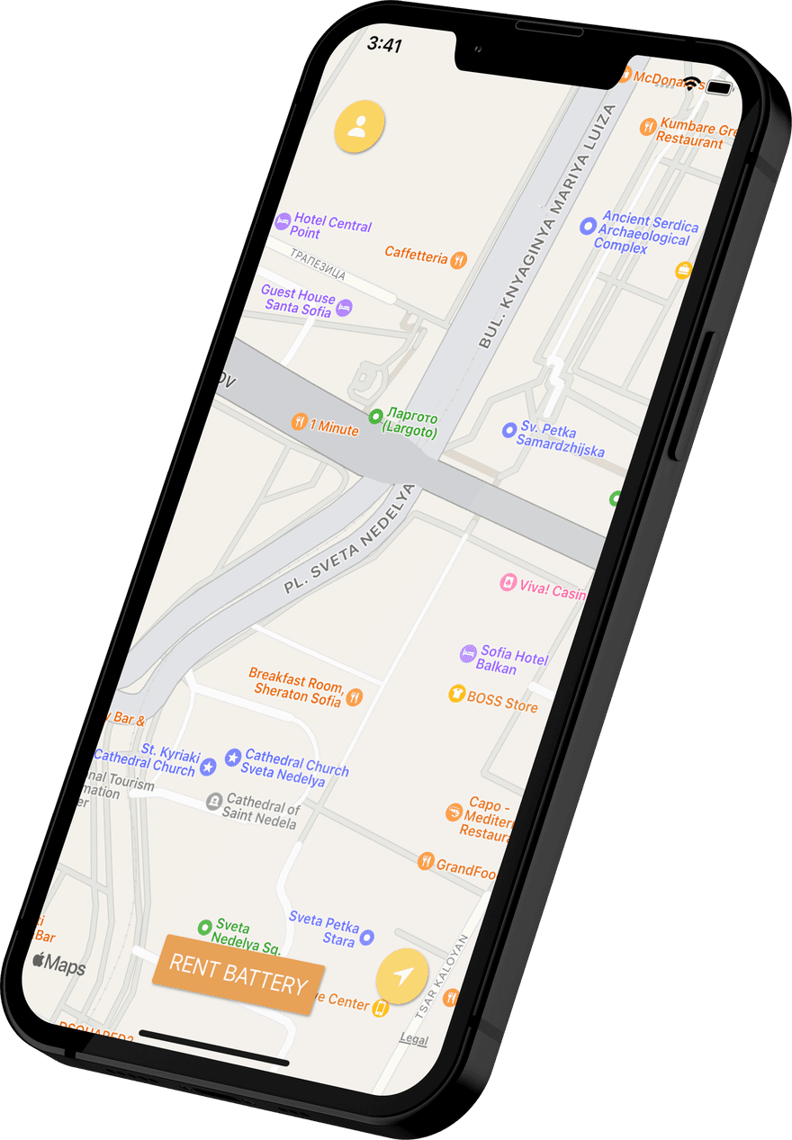 The Perun app showing power bank stations on a map of central Sofia